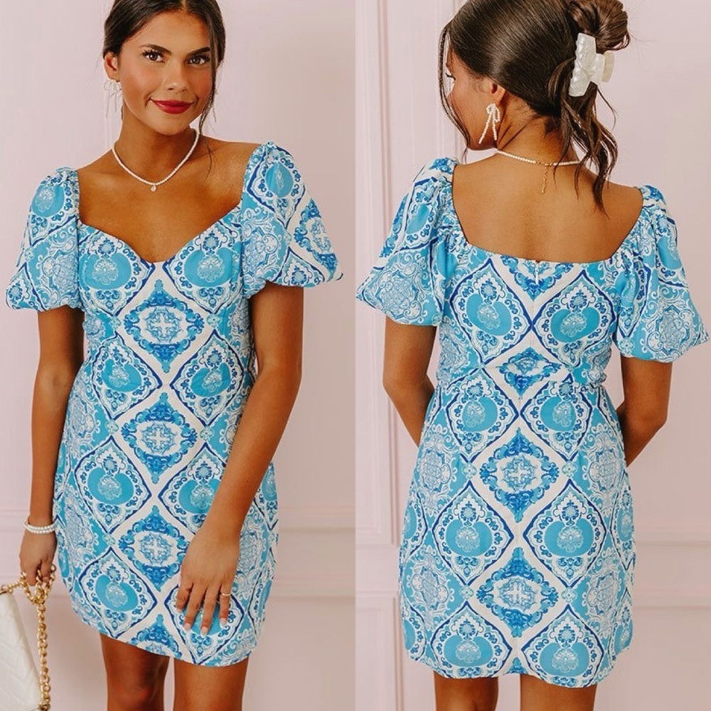 Flying Tomato The Sangrias Date Dress Mini Puff Sleeves Blue Ivory Size Medium